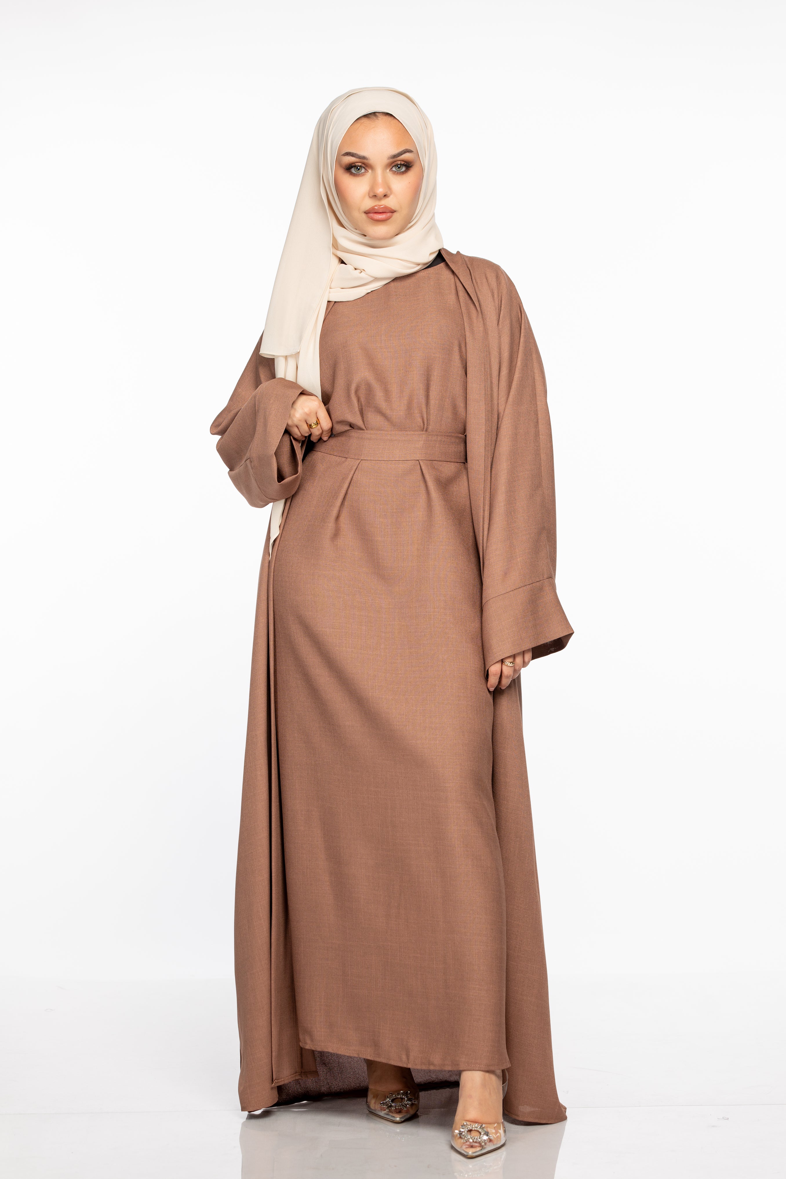 Israa Textured Abaya Set - Mocha